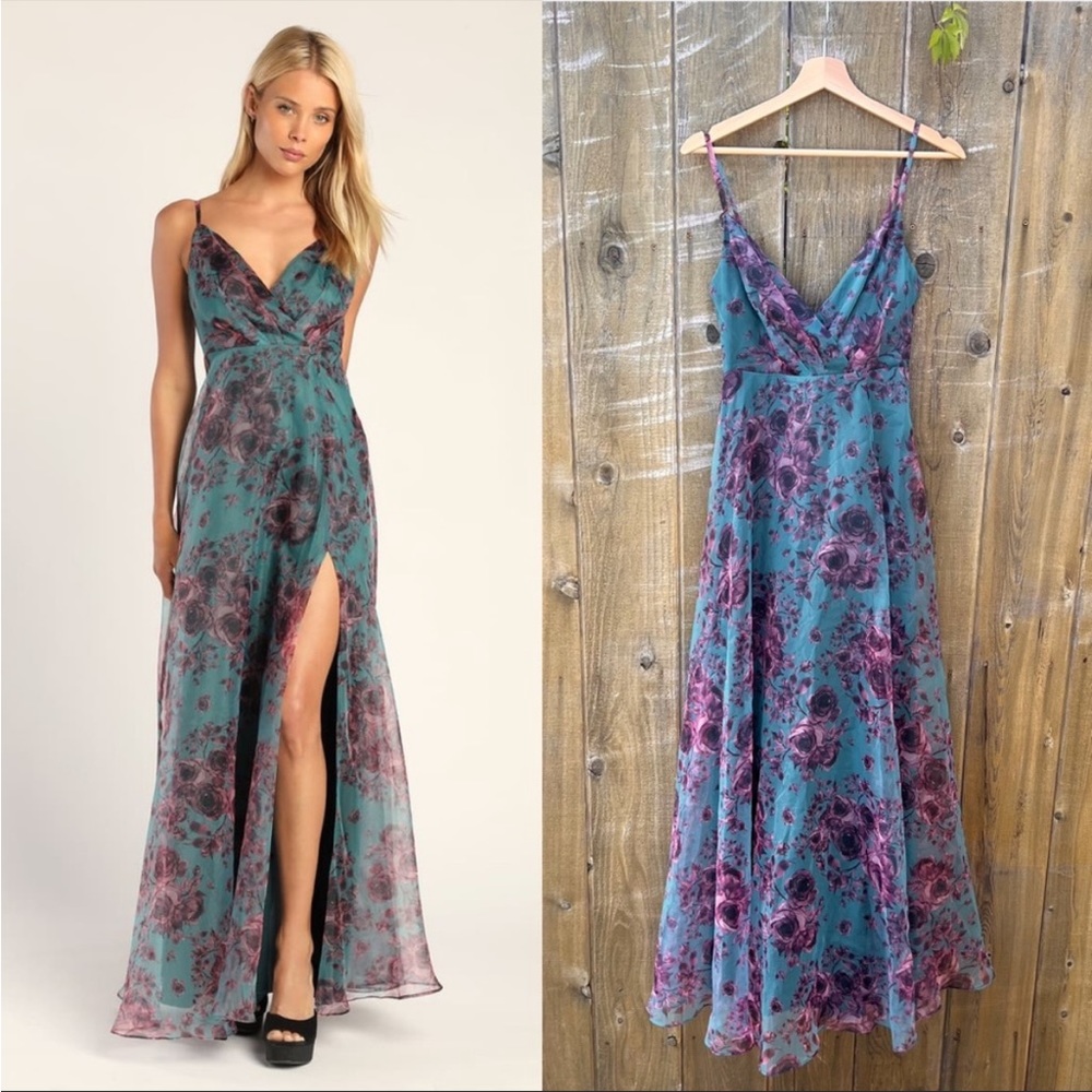 Beautiful Teal Green and Purple Floral Organza Maxi Dress. Size XS!